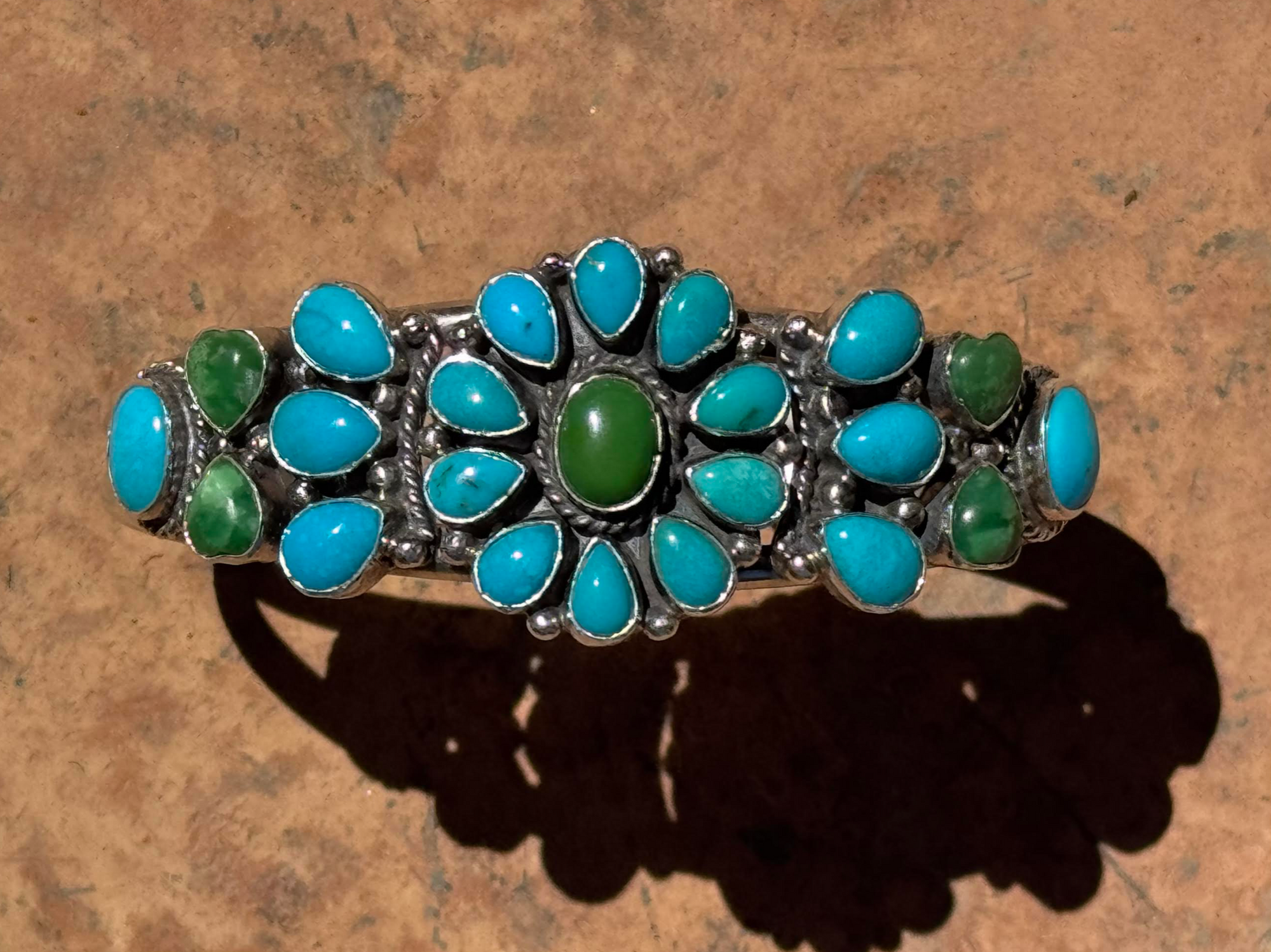 VARISCITE AND TURQUOISE DAISY BIRD CUFF