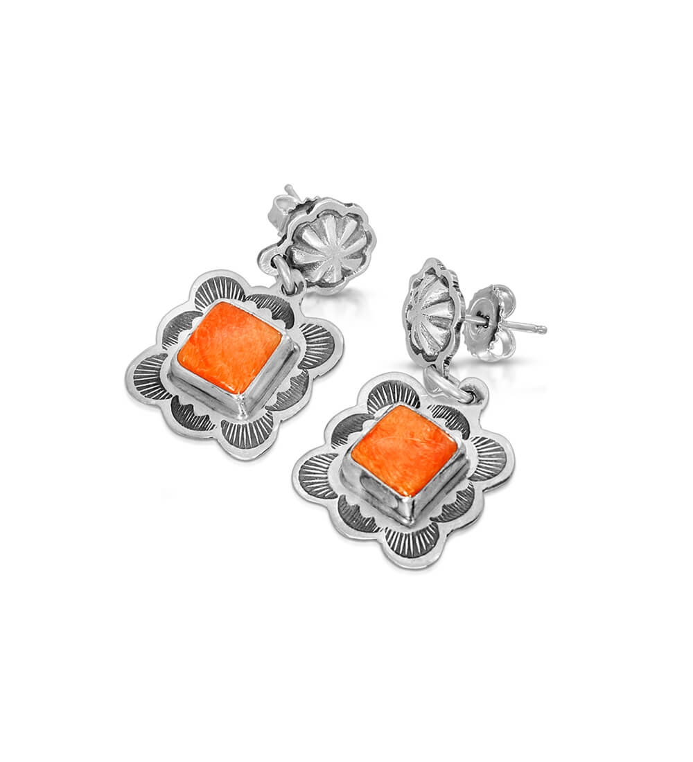 ORANGE SPINY SQUARE  CHARM EARRINGS