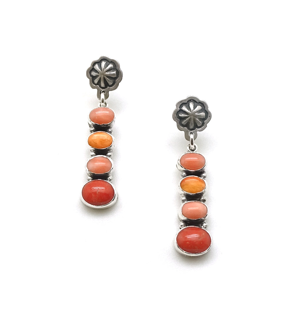 CORAL AND ORANGE SPINY FOUR STONE DROP EARRINGS