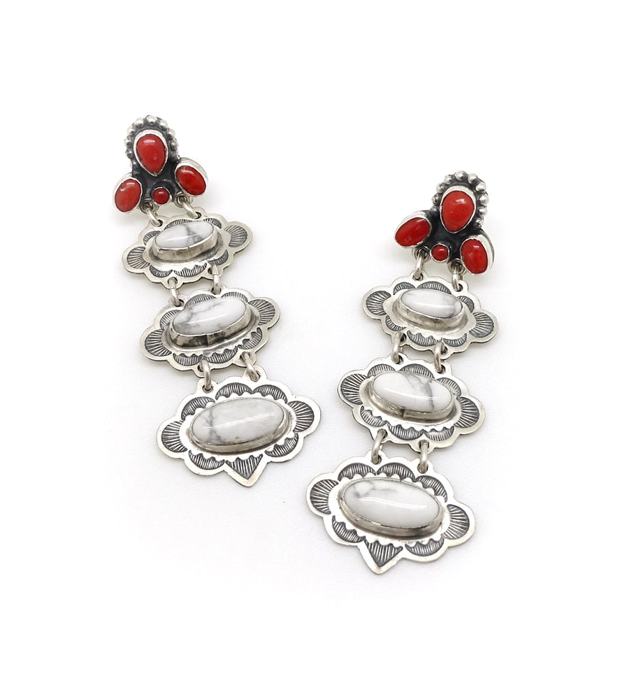 CORAL AND HOWLITE 3-STONE DROP EARRINGS